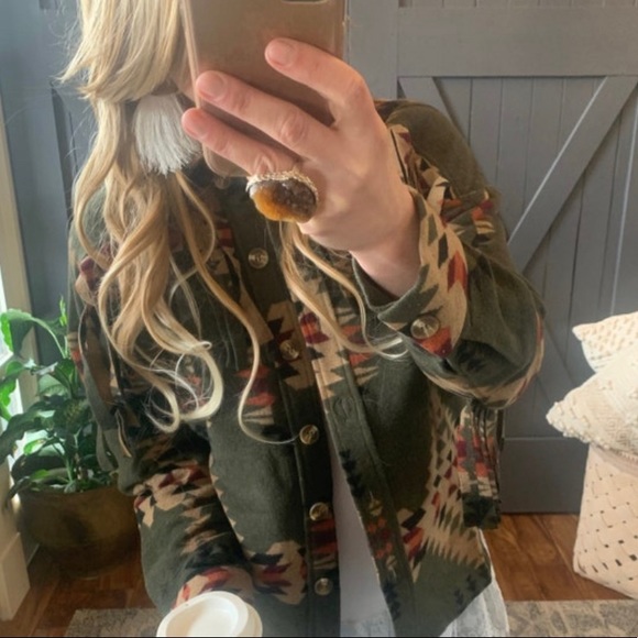 New Aztec Print Fringed Jacket Western Barn Coat Southwest Vintage Boho Shacket - Picture 2 of 11